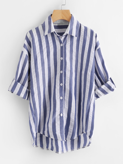 Contrast Striped Drop Shoulder Rolled Sleeve Shirt