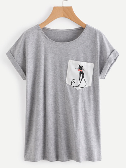 Camiseta de marga con estampado de gato en contraste con bolsillo y puño doblado