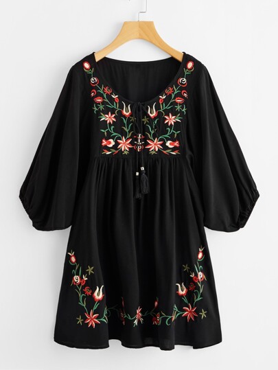 Tasseled Tie Neck Lantern Sleeve Embroidered Smock Dress