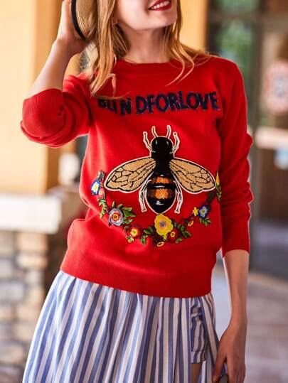 Bee Flowers Letters Embroidered Sweater