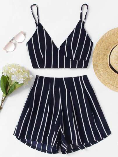 Stripe Surplice Bow Tie Open Back Crop Cami Top With Shorts