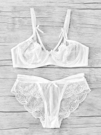 Bow Tie Detail Lace & Mesh Lingerie Set