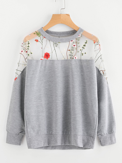 Sweatshirt mit Stickereien und Netzstoff