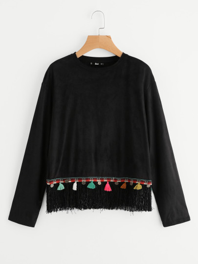 Embroidered Coin Fringe Hem Top