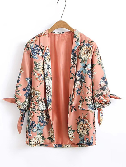 Floral Print Knot Cuff Open Front Blazer
