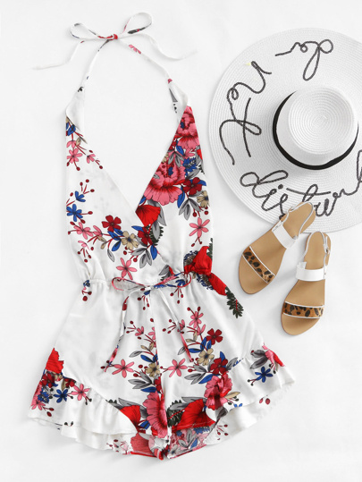 Plunging V-neckline Surplice Florals Romper