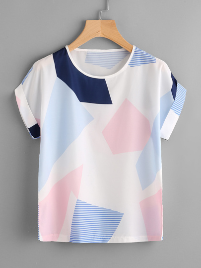 Tee-shirt imprimé géométrique avec des replis