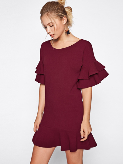Tiered Flute Sleeve Frill Hem Textured Dress