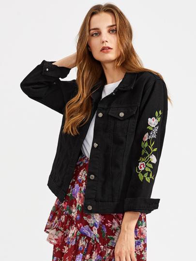 Floral Embroidered Button Front Denim Jacket With Pockets