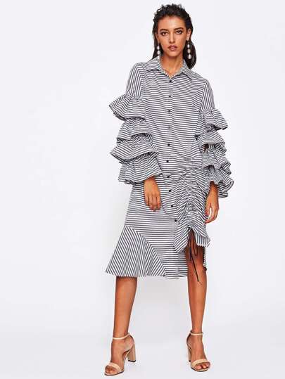 Detachable Layered Sleeve Shirred Asymmetrical Hem Shirt Dress