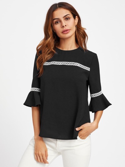 Crochet Detail Fluted Sleeve Blouse