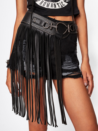 Faux Leather Belt With Longline Fringe