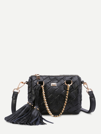 Tassel Embellished Woven PU Shoulder Bag