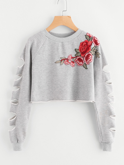 Ladder Cut Raglan Sleeve Patch Crop Sweatshirt