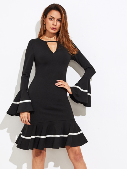 Keyhole Front Flute Sleeve Ribbon Tape Detail Dress
