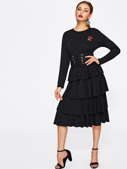 Rose Patch Corset Belt Detail Tiered Dress
