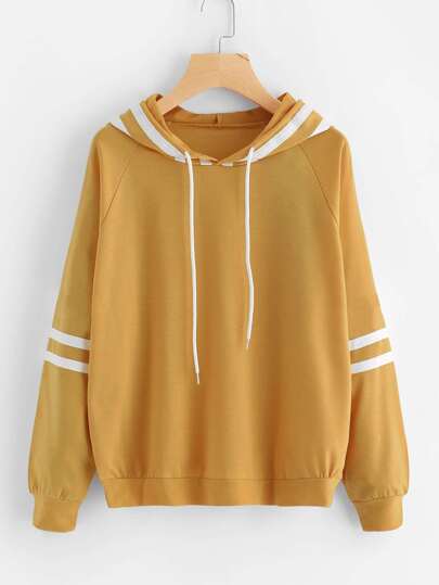 Contrast Striped Raglan Sleeve Hooded Sweatshirt