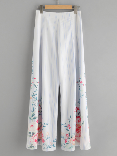 Flower And Stripe Print Fold Pleat Palazzo Pants
