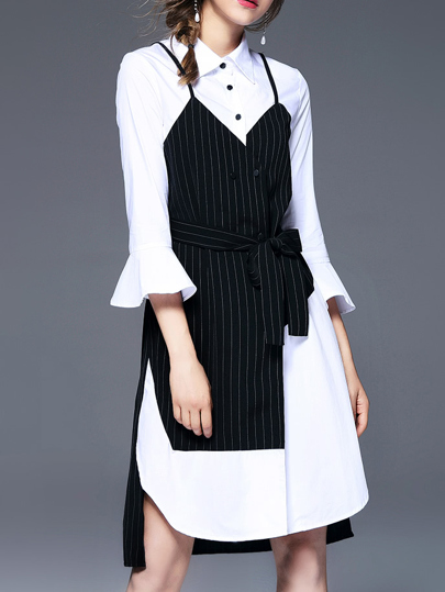 Bell Sleeve Color Block Shirt Dress