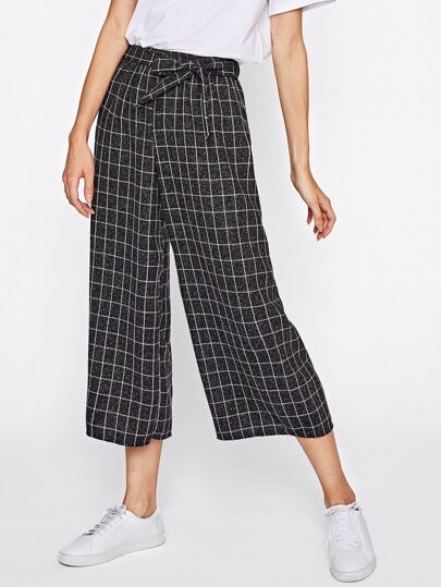 Windowpane Print Tie Waist Wide Leg Pants
