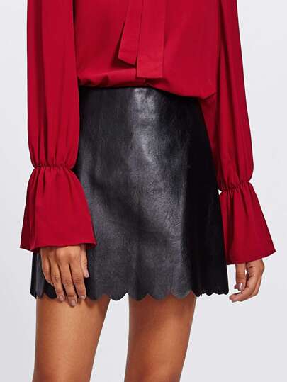 Scallop Hem Faux Leather Skirt