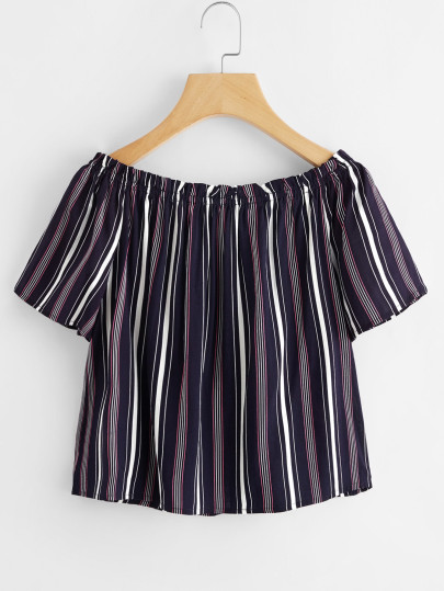 Boat Neckline Vertical Striped Blouse