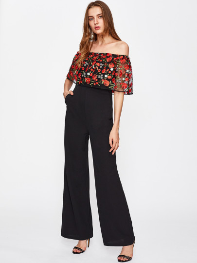 Embroidered Mesh Flounce Trim Off Shoulder Palazzo Jumpsuit