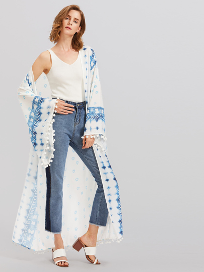 Pom Pom Trim Exaggerate Fluted Sleeve Kimono