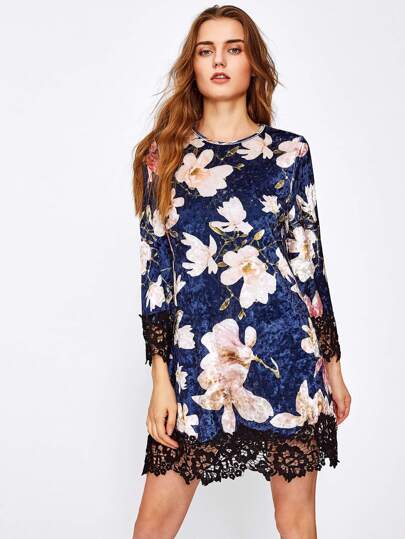 Contrast Lace Hem Floral Crushed Velvet Dress