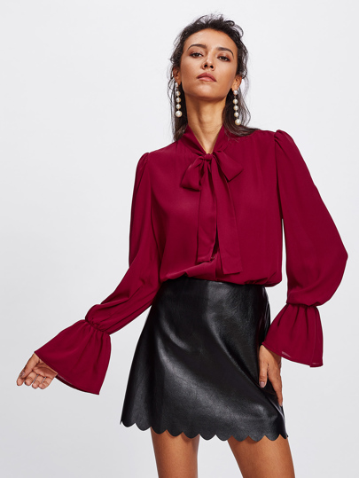 Elastic Trumpet Cuff Bow Tied Blouse