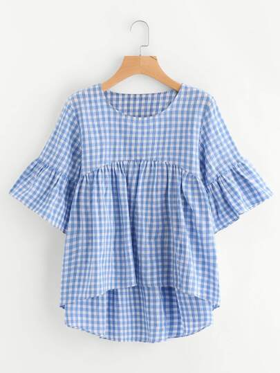 Gingham Flute Sleeve Dip Hem Babydoll Blouse
