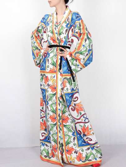 V Neck Flowers Print Maxi Dress