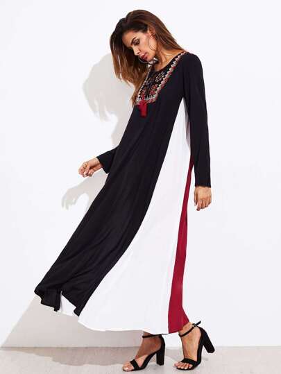 Tassel Tie Embroidered Yoke Panel Dress