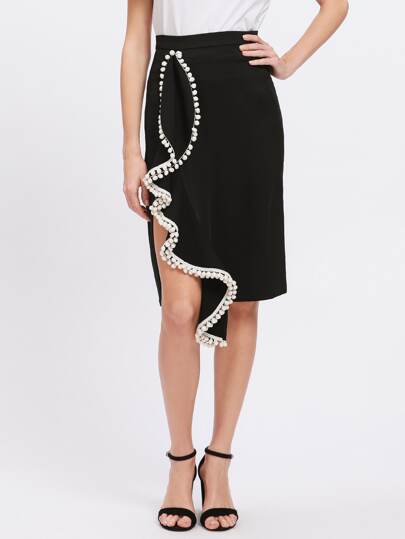Pom Pom Trim Ruffle Slit Skirt