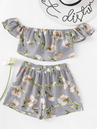 Botanical Print Bardot Crop Top With Shorts