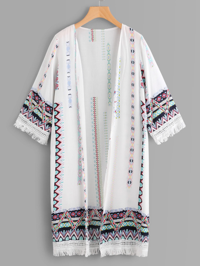 Kimono con estampado tribal y detalle de ribete de borlas