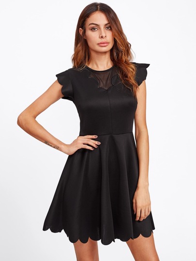 Mesh Insert Scallop Trim Fit & Flare Dress