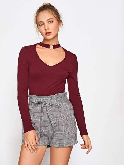 O-Ring Choker Neck Ribbed Knit Top