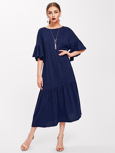 Trumpet Sleeve Tiered Hem Dress