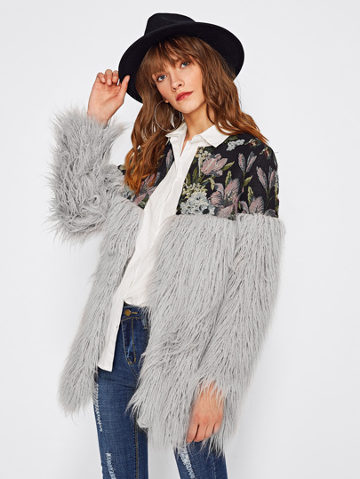 Floral Jacquard Shoulder Faux Fur Coat
