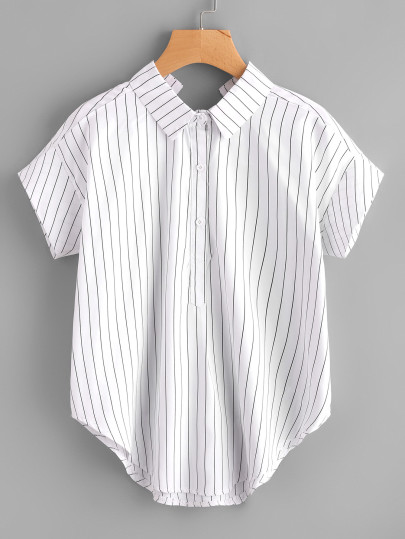 Pinstriped Bow Tie Back Curved Hem Blouse