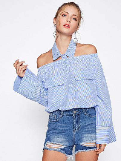 Collared Halter Kimono Sleeve Pinstripe Blouse