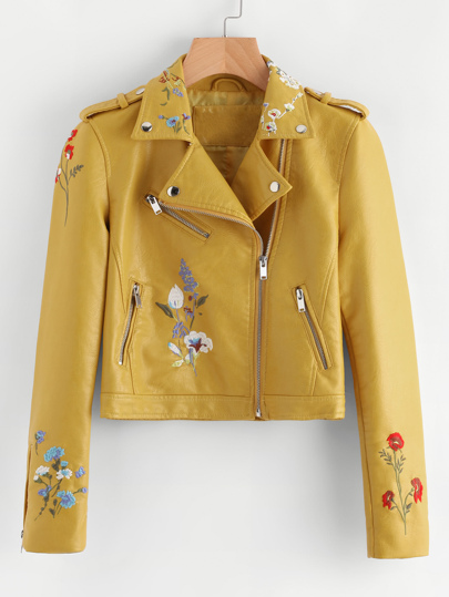 Jacke aus Junstleder mit Pflanzen Stickereien und Reißverschluss Detail