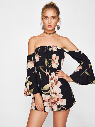 Bardot Flute Sleeve Florals Romper