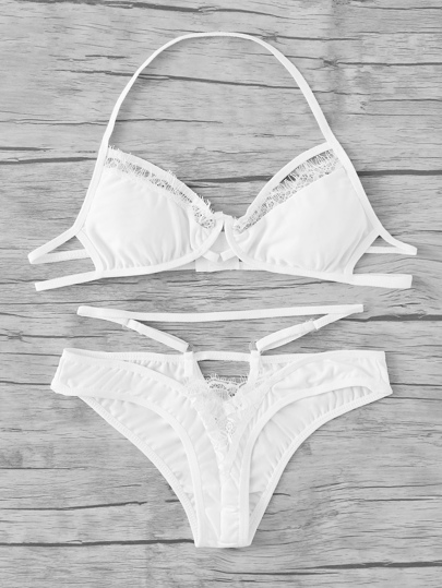 Eyelash Trim Cutout Halter Lingerie Set