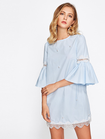 Lace Applique Pearl Beading Bell Sleeve Dress