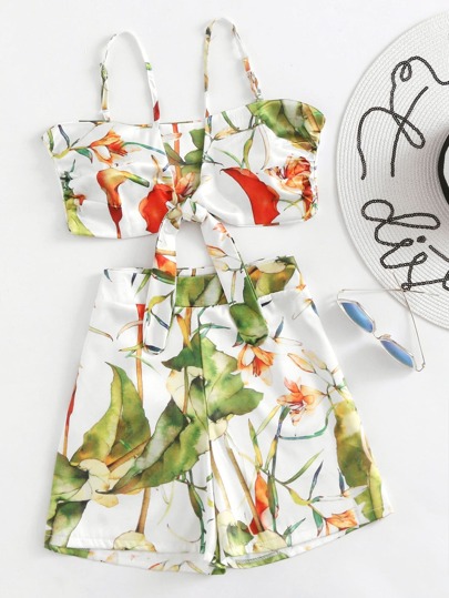 Top camisole con stampa botanica con pantaloncini