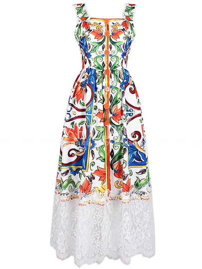 Strap Backless Print Contrast Lace Dress