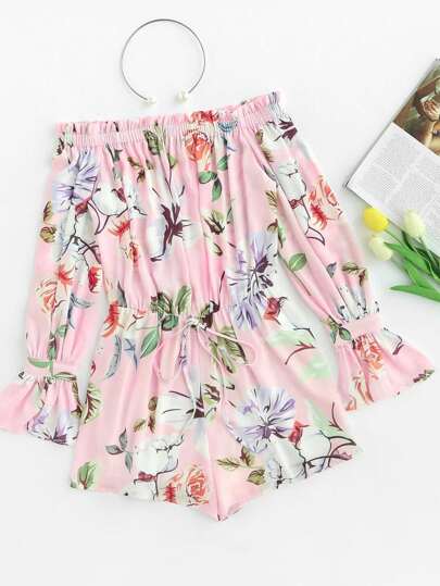Bell Cuff Frilled Botanical Bardot Romper