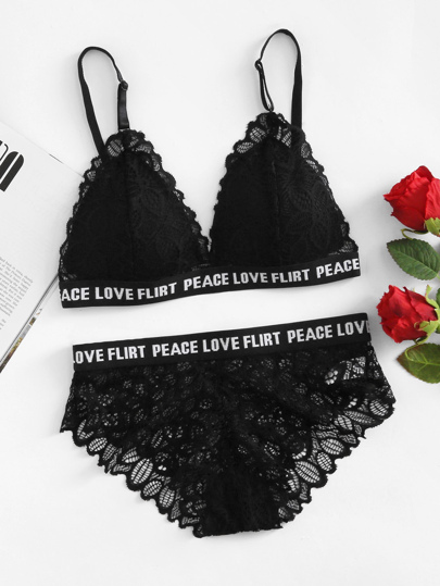 Sheer Scallop Letter Print Lace Bra Set